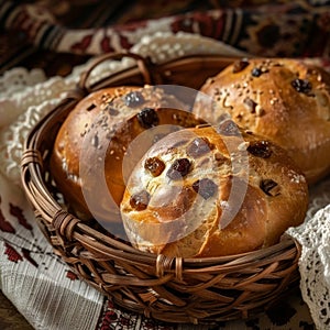 Homemade Bread on Vintage Traditional Tablecloth, Freshly Baked Round Buns with Raisins and Nuts