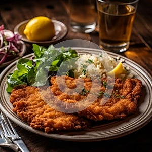 Homemade Breaded German Weiner Schnitzel. Generative ai