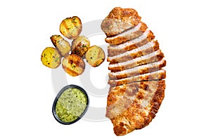 Homemade breaded german weiner schnitzel with potatoes Isolated on white background. Top view.