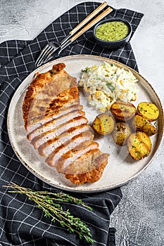 Homemade breaded german weiner schnitzel with potatoes and salad. Gray background. Top view