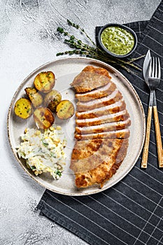 Homemade breaded german weiner schnitzel with potatoes and salad. Gray background. Top view