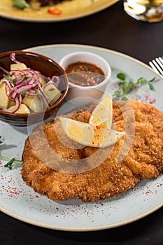 Homemade Breaded German Weiner Schnitzel with Potatoes and sauce on the table at restaurant