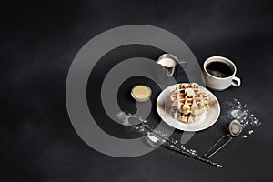 Homemade of Breakfast tasty Waffles, Caramel Sauce, Coffee Cup, Milk, dessertspoon, strainer