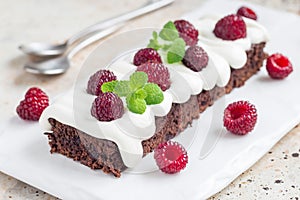 Homemade brownies with cream cheese frosting and raspberry