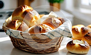 homemade buns with cheese in a basket. Selective focus.