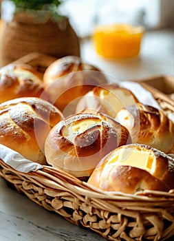 homemade buns with cheese in a basket. Selective focus.