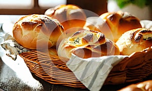 homemade buns with cheese in a basket. Selective focus.