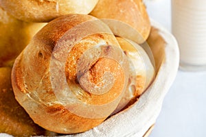 homemade buns. Homemade buns on wood board with wheat ears. Homemade Dinner Rolls, selective focus