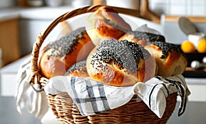 homemade buns with poppy seeds in a basket. Selective focus.