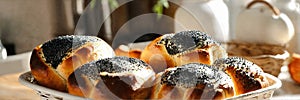 homemade buns with poppy seeds in a basket. Selective focus.