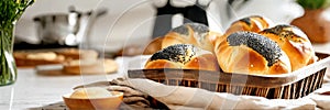 homemade buns with poppy seeds in a basket. Selective focus.