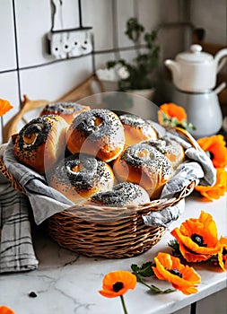 homemade buns with poppy seeds in a basket. Selective focus.