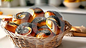 homemade buns with poppy seeds in a basket. Selective focus.