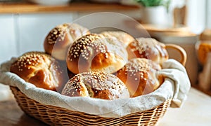homemade buns with sesame seeds in a basket. Selective focus.