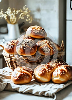 homemade buns with sesame seeds in a basket. Selective focus.