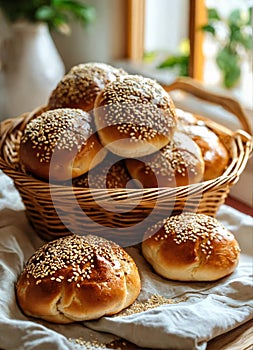 homemade buns with sesame seeds in a basket. Selective focus.