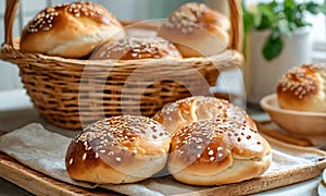 homemade buns with sesame seeds in a basket. Selective focus.