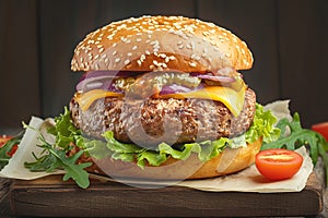 homemade burger beef, cheese, lettuce, tomato on wooden backdrop