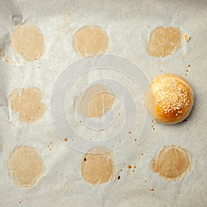 Homemade burger bun on bakery parchment . Food photography, concept of homemade fresh bakery. Rolls with sesame seeds hamburger wi