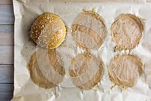 Homemade burger bun on parchment