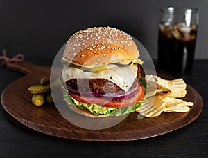 Homemade burger on a dark background