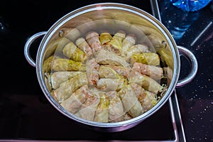 Homemade Cabbage rolls with meat, rice and vegetables. Stuffed cabbage leaves also known as sarma