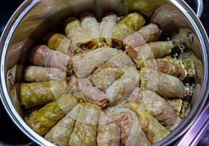 Homemade Cabbage rolls with meat, rice and vegetables. Stuffed cabbage leaves also known as sarma