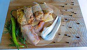 Homemade Cabbage rolls with meat, rice and vegetables. Stuffed cabbage leaves also known as sarma