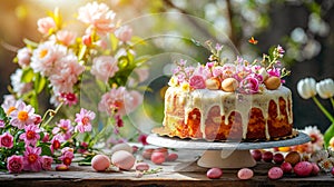 A homemade cake adorned with fresh flowers surrounded by Easter eggs, with a soft-focus spring garden backdrop. Easter festive