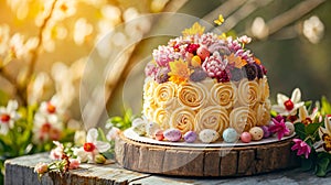 A homemade cake adorned with fresh flowers surrounded by Easter eggs, with a soft-focus spring garden backdrop. Easter festive