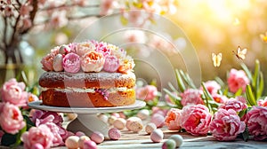 A homemade cake adorned with fresh flowers surrounded by Easter eggs, with a soft-focus spring garden backdrop. Easter festive