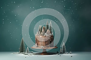 AI generated. Homemade cake with Christmas tree decorations on festive table on green sparkle background