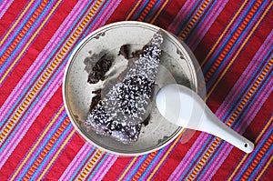 Homemade cake on a colorful table