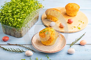 Homemade cakes with chocolate eggs and spinach microgreen on a blue, side view, selective focus