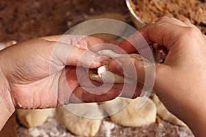 Homemade cakes of the dough in the women`s hands. The process of making pies with meat and potatoes dough by hand