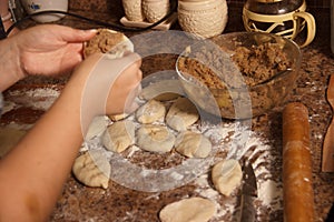 Homemade cakes of the dough in the women`s hands. The process of making pies with meat and potatoes dough by hand