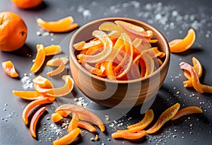 Homemade candied orange peel in a bowl