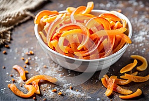 Homemade candied orange peel in a bowl