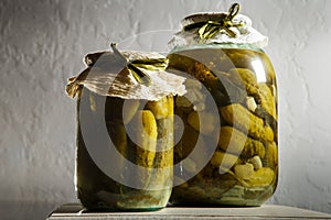 homemade canned cucumbers in glass jars