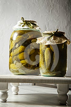 homemade canned cucumbers in glass jars