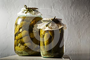 homemade canned cucumbers in glass jars