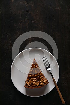 Homemade caramel-peanut cheesecake on a dark background. Morning delicious bakery cake