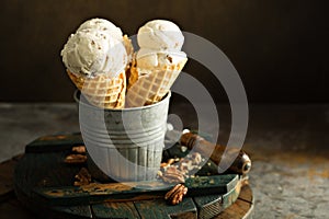 Homemade caramel pecan ice cream cones