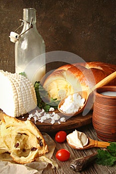 Homemade cheese, fresh bread, rustic milk and cottage cheese, so