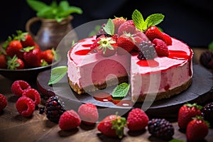 Homemade cheesecake with fresh berries and mint on a wooden background, Unveil the culinary artistry with macro food photography,