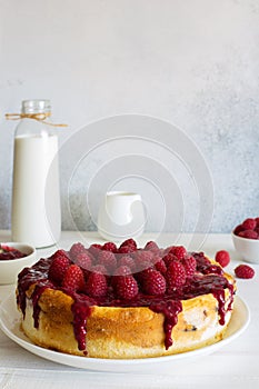 Homemade cheesecake with  ricotta and raspberries closeup