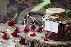 Homemade Cherry Jam in Glass Jar with Fresh Cherries on Wooden Table