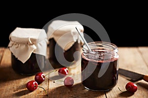 Homemade cherry jam in jars