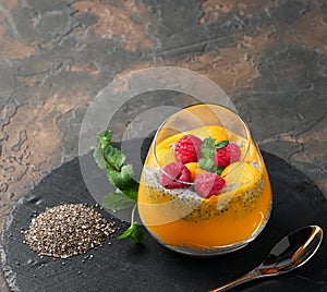 Homemade Chia pudding with coconut milk, mango puree, mango chunk and raspberry