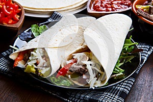 Homemade Chicken and Beef Fajitas with Vegetables and Tortillas